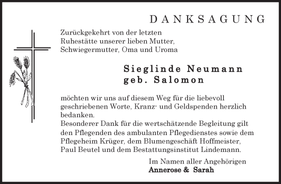 Traueranzeige von Sieglinde Neumann von Volksstimme Halberstadt
