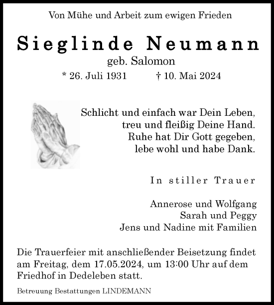 Traueranzeige von Sieglinde Neumann von Volksstimme Halberstadt