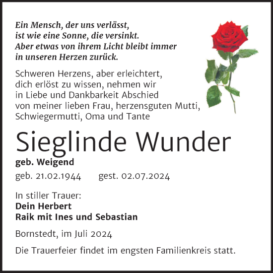 Traueranzeige von Sieglinde Wunder von Trauerkombi Mansfelder Land
