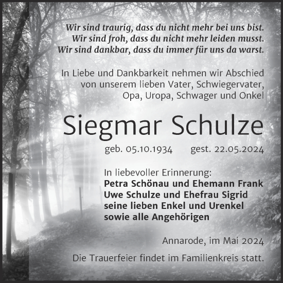 Traueranzeige von Siegmar Schulze von Trauerkombi Mansfelder Land