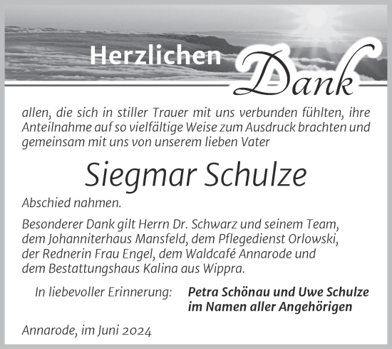 Traueranzeige von Siegmar Schulze von Trauerkombi Mansfelder Land
