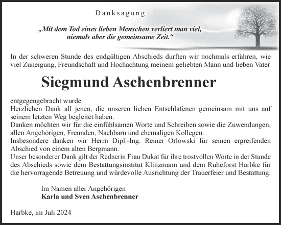 Traueranzeige von Siegmund Aschenbrenner von Volksstimme Oschersleben/Wanzleben