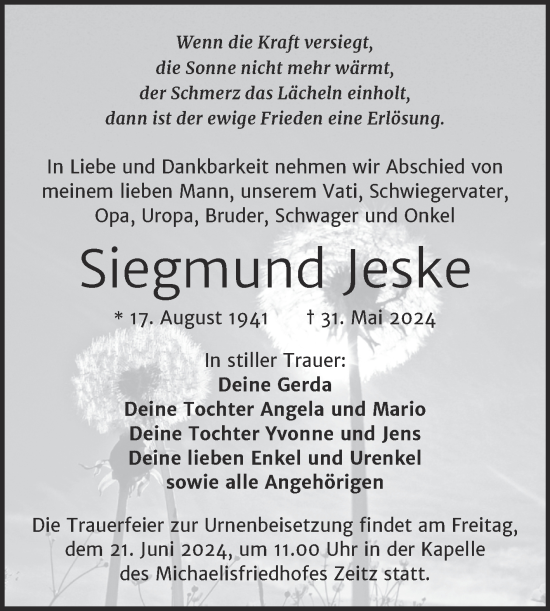 Traueranzeige von Siegmund Jeske von Trauerkombi Zeitz