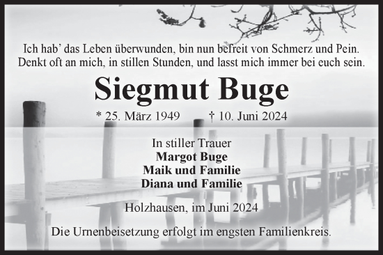 Traueranzeige von Siegmut Buge von Volksstimme Altmark Ost