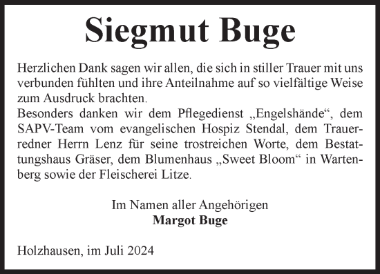 Traueranzeige von Siegmut Buge von Volksstimme Altmark Ost
