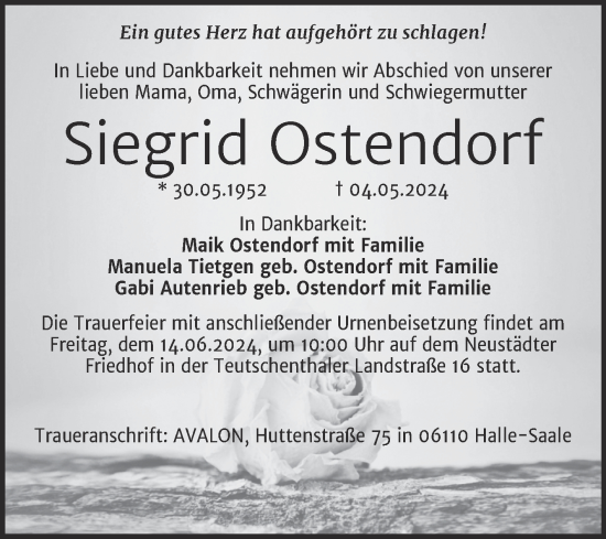 Traueranzeige von Siegrid Ostendorf von Mitteldeutsche Zeitung Halle/Saalkreis