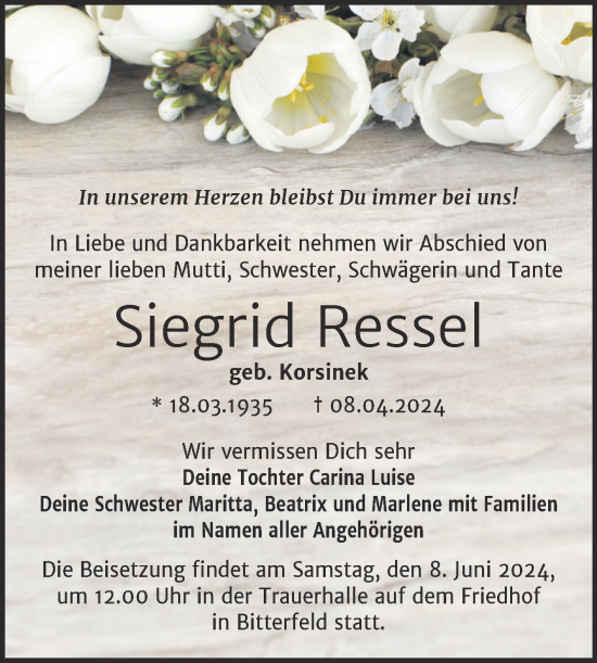 Traueranzeige von Siegrid Ressel von Trauerkombi Bitterfeld