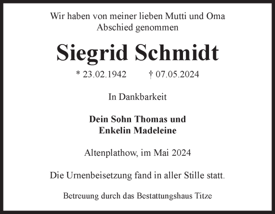 Traueranzeige von Siegrid Schmidt von Volksstimme Burg/Genthin