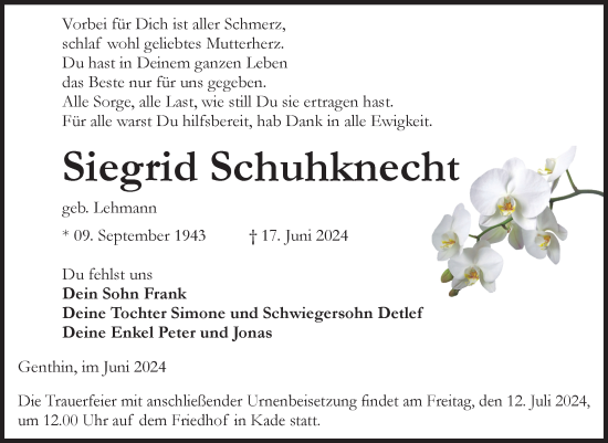 Traueranzeige von Siegrid Schuhknecht von Volksstimme Burg/Genthin