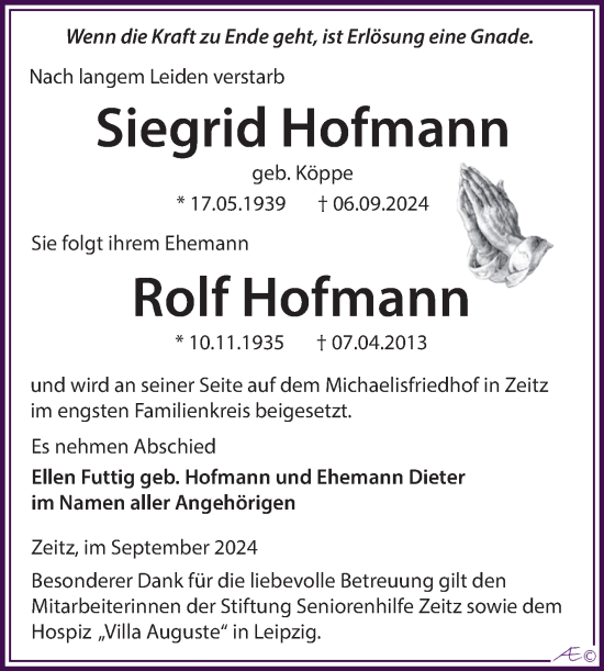 Traueranzeige von Siegrid und Rolf Hofmann von Trauerkombi Zeitz