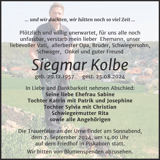 Traueranzeige von Siegrnar Kolbe von Mitteldeutsche Zeitung Mansfelder Land
