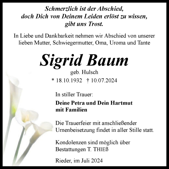 Traueranzeige von Sigrid Baum von Trauerkombi Quedlinburg
