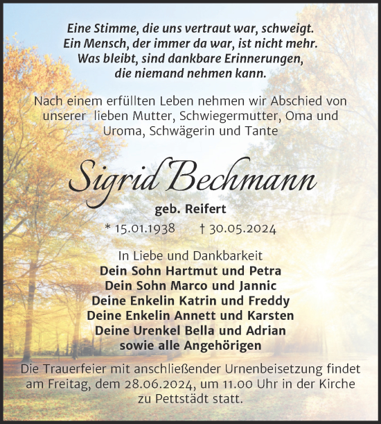 Traueranzeige von Sigrid Bechmann von Trauerkombi Merseburg