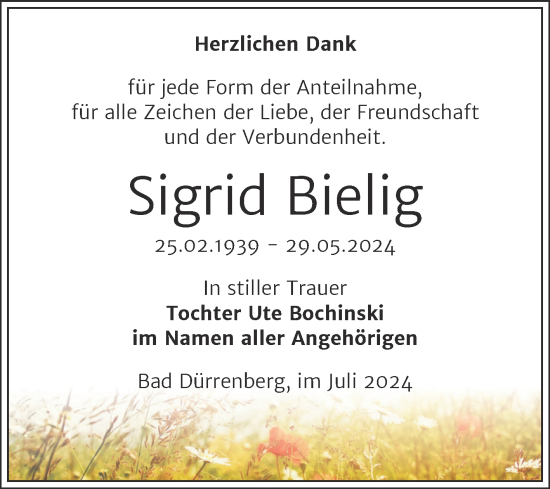 Traueranzeige von Sigrid Bielig von Trauerkombi Merseburg