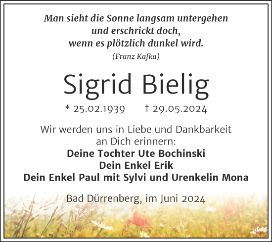 Traueranzeige von Sigrid Bielig von Trauerkombi Merseburg
