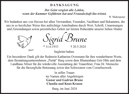 Traueranzeige von Sigrid Brune von Volksstimme Burg/Genthin