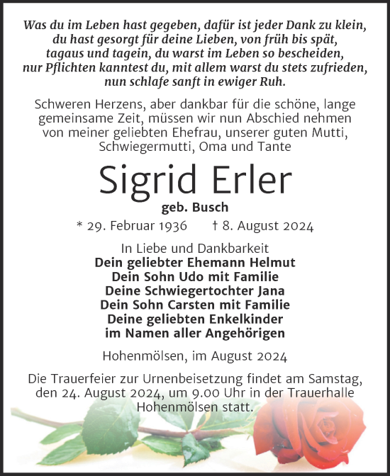 Traueranzeige von Sigrid Erler von Trauerkombi Weißenfels