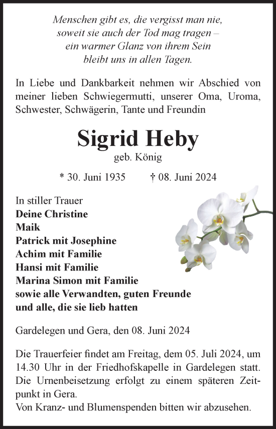 Traueranzeige von Sigrid Heby von Volksstimme Altmark West