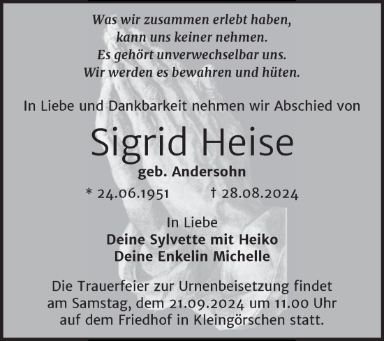 Traueranzeige von Sigrid Heise von Trauerkombi Weißenfels