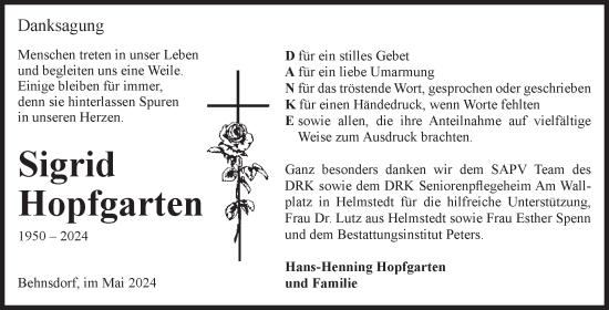 Traueranzeige von Sigrid Hopfgarten von Volksstimme Haldensleben/Wolmirstedt