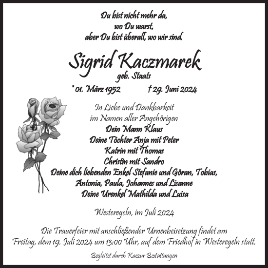 Traueranzeige von Sigrid Kaczmarek von Volksstimme Staßfurt