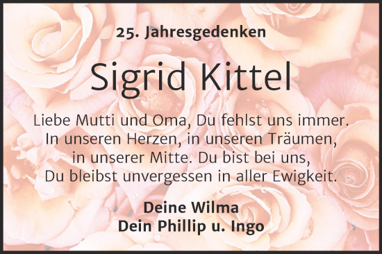 Traueranzeige von Sigrid Kittel von Super Sonntag Köthen