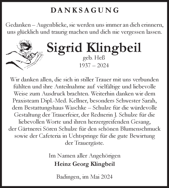 Traueranzeige von Sigrid Klingbeil von Volksstimme Altmark Ost
