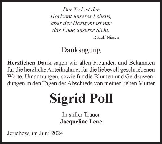Traueranzeige von Sigrid Poll von Volksstimme Burg/Genthin