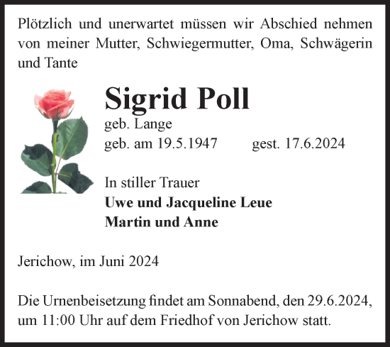 Traueranzeige von Sigrid Poll von Volksstimme Burg/Genthin