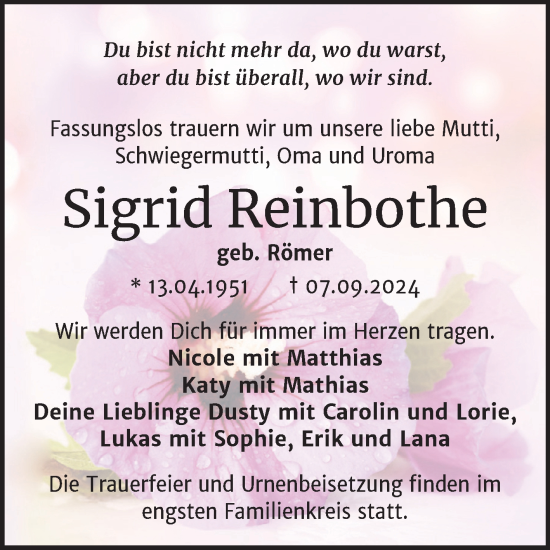 Traueranzeige von Sigrid Reinbothe von Trauerkombi Köthen