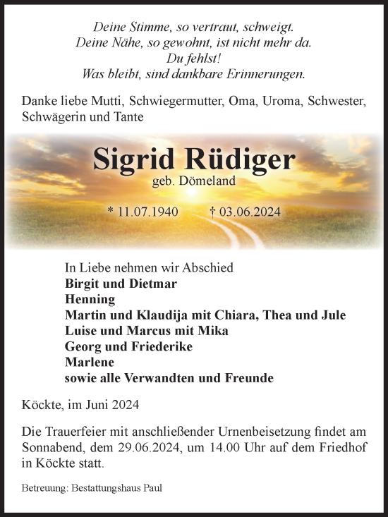 Traueranzeige von Sigrid Rüdiger von Volksstimme Altmark West