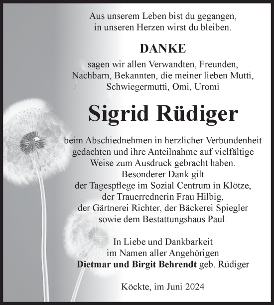 Traueranzeige von Sigrid Rüdiger von Volksstimme Altmark West