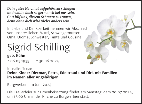 Traueranzeige von Sigrid Schilling von Trauerkombi Weißenfels