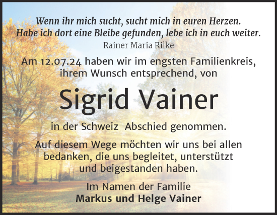 Traueranzeige von Sigrid Vainer von Trauerkombi Aschersleben