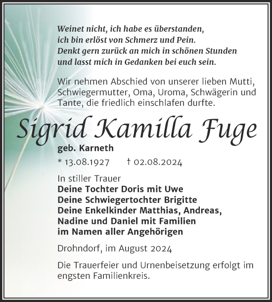 Traueranzeige von Sigrid Kamilla Fuge von Trauerkombi Aschersleben