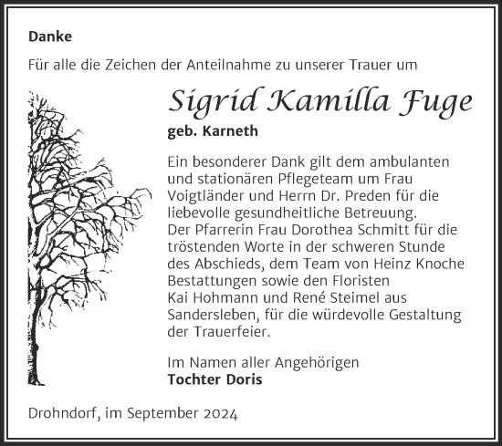 Traueranzeige von Sigrid Kamilla Fuge von Trauerkombi Aschersleben