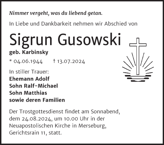 Traueranzeige von Sigrun Gusowski von Trauerkombi Merseburg