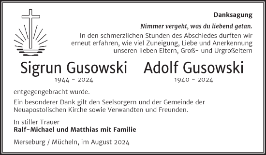 Traueranzeige von Sigrun und Adolf Gusowski von Trauerkombi Merseburg