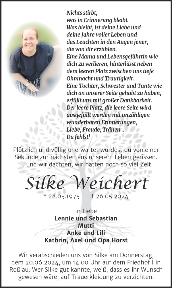  Traueranzeige für Silke Weichert vom 15.06.2024 aus Trauerkombi Dessau