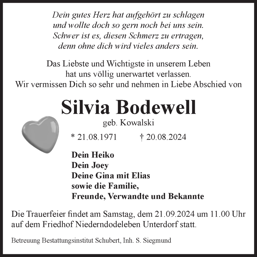  Traueranzeige für Silvia Bodewell vom 14.09.2024 aus Volksstimme Magdeburg