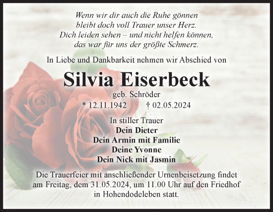 Traueranzeige von Silvia Eiserbeck von Volksstimme Oschersleben/Wanzleben