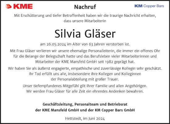 Traueranzeige von Silvia Gläser von Mitteldeutsche Zeitung Mansfelder Land