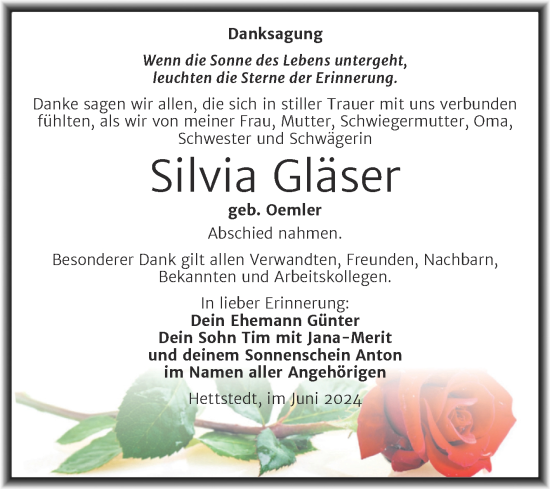 Traueranzeige von Silvia Gläser von Trauerkombi Mansfelder Land