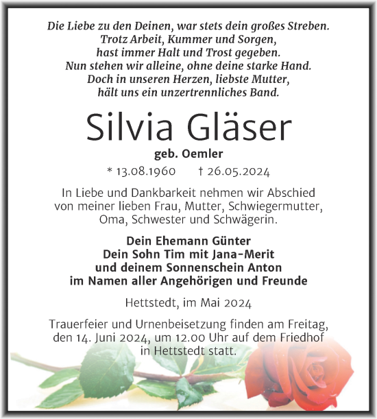 Traueranzeige von Silvia Gläser von Trauerkombi Mansfelder Land