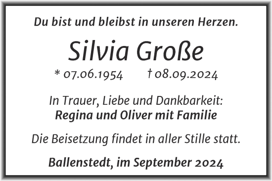 Traueranzeige von Silvia Große von Trauerkombi Quedlinburg