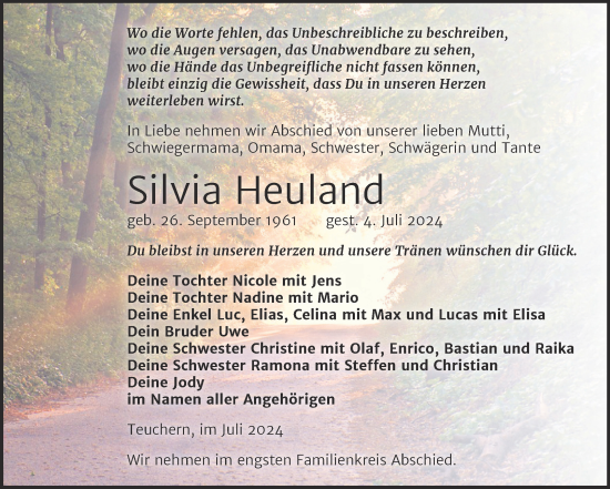 Traueranzeige von Silvia Heuland von Trauerkombi Weißenfels