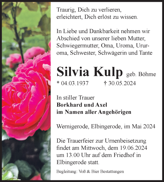 Traueranzeige von Silvia Kulp von Volksstimme Wernigerode
