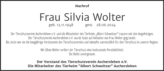 Traueranzeige von Silvia Wolter von Mitteldeutsche Zeitung Aschersleben