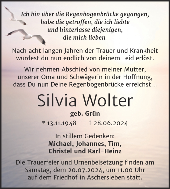 Traueranzeige von Silvia Wolter von Trauerkombi Aschersleben