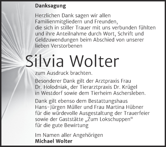 Traueranzeige von Silvia Wolter von Trauerkombi Aschersleben